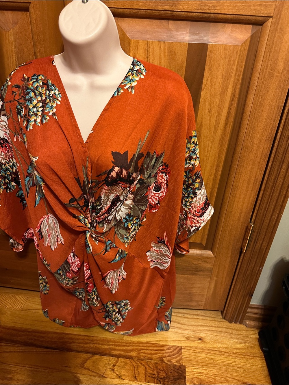 Umgee Rust Floral Twist-Front V-Neck Blouse